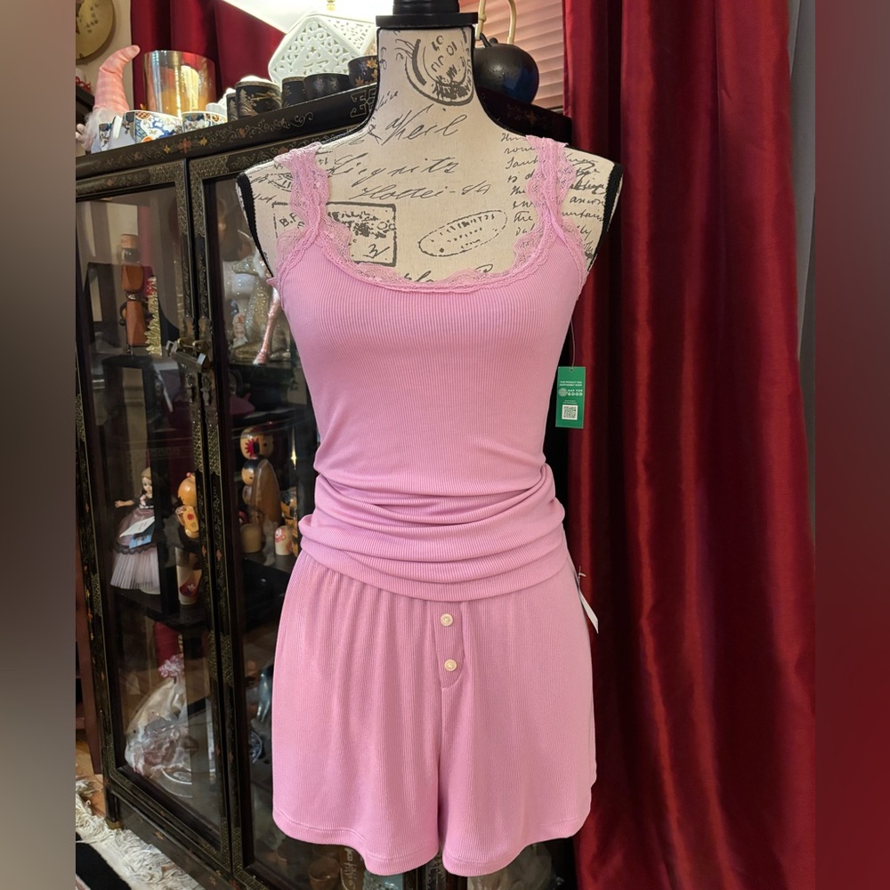 Gap Body Sugar Pink Ribbed Pajama Tank & Shorts Set
